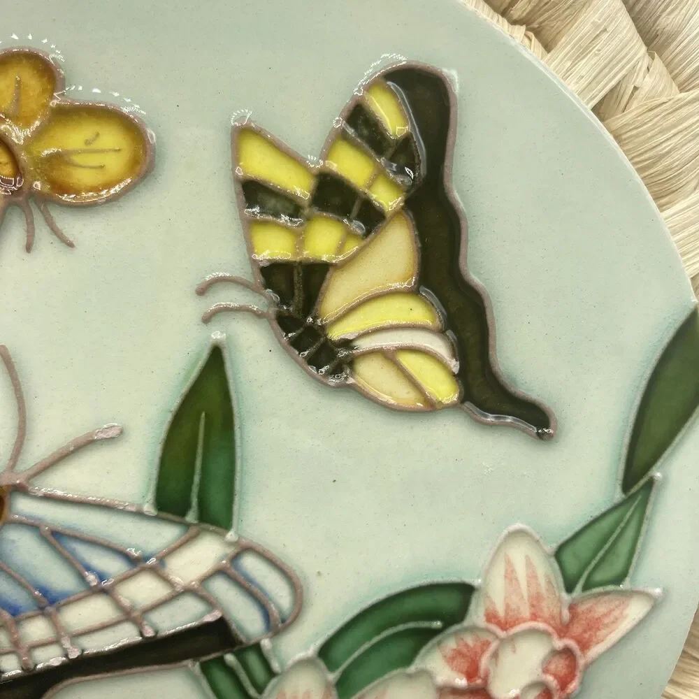 Vtg Butterfly Floral Embossed Ceramic Tile Rattan Trivet Wall Plaque Art 8.5